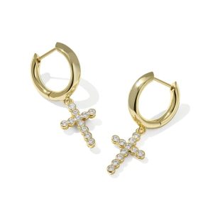 Cross Gold Crystal Huggie Earrings