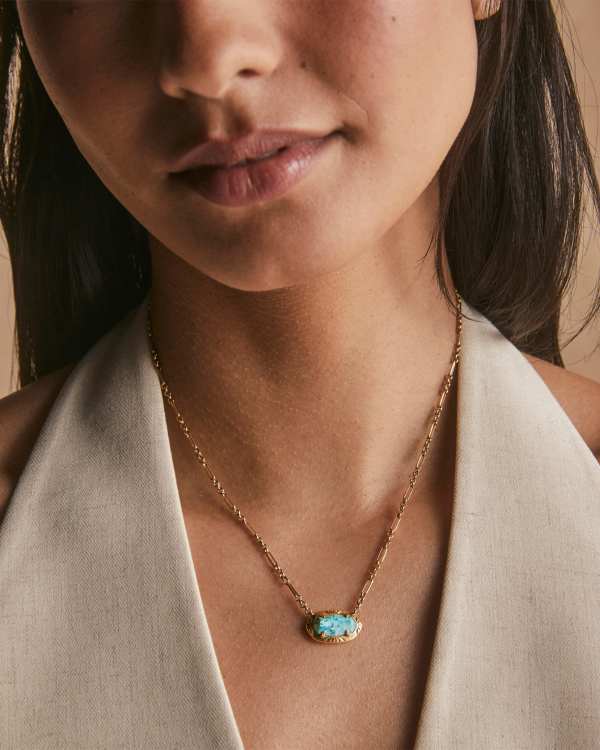 Elisa Vintage Gold Etch Frame Short Pendant Necklace in Variegated Turquoise Magnesite - alternate view