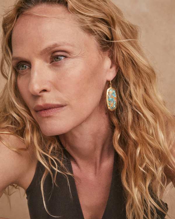Elle Vintage Gold Etch Frame Drop Earrings in Bronze Veined Turquoise Magnesite Red Oyster - view 2