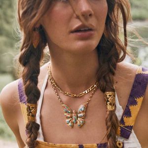 Ember Vintage Gold Butterfly Statement Necklace in Bronze Veined Turquoise Magnesite Red Oyster - alternate view