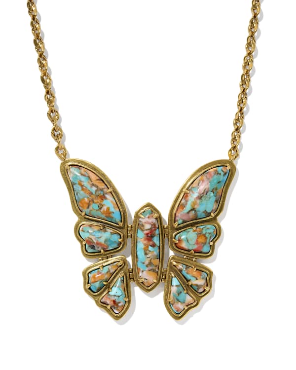 Ember Vintage Gold Butterfly Statement Necklace in Bronze Veined Turquoise Magnesite Red Oyster
