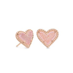 Ari Heart Rose Gold Stud Earrings in Light Pink Drusy