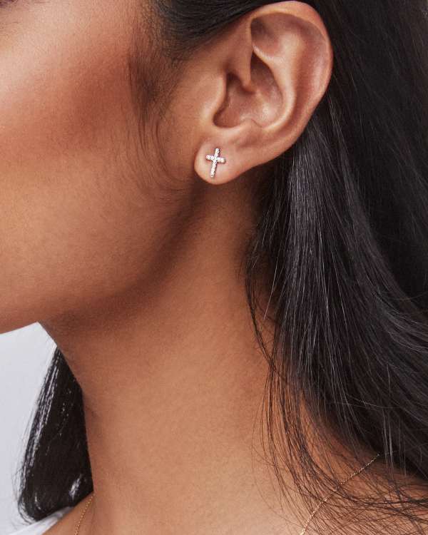 Cross 14k Yellow Gold Medium Stud Earrings in White Diamond - view 2