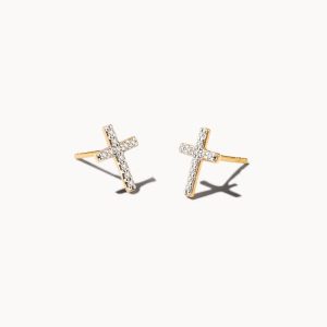 Cross 14k Yellow Gold Medium Stud Earrings in White Diamond