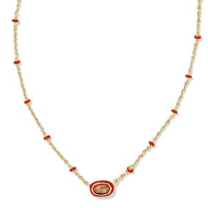 Mini Elisa Gold Enamel Frame Short Pendant Necklace in Variegated Orange Magnesite
