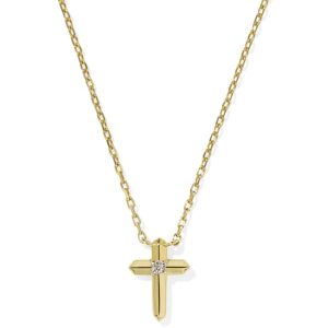 Tiny Cross 14k Yellow Gold Pendant Necklace in White Diamond
